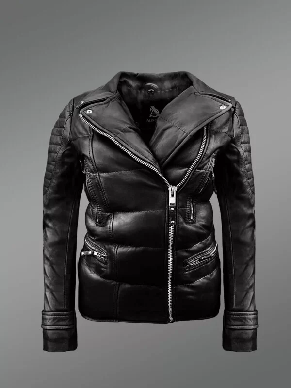 Women’s Quilted Black Motorcycle Biker Jacket - Image 2
