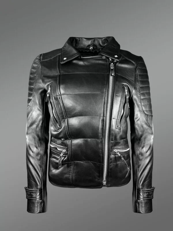 Women’s Quilted Black Motorcycle Biker Jacket - Image 3
