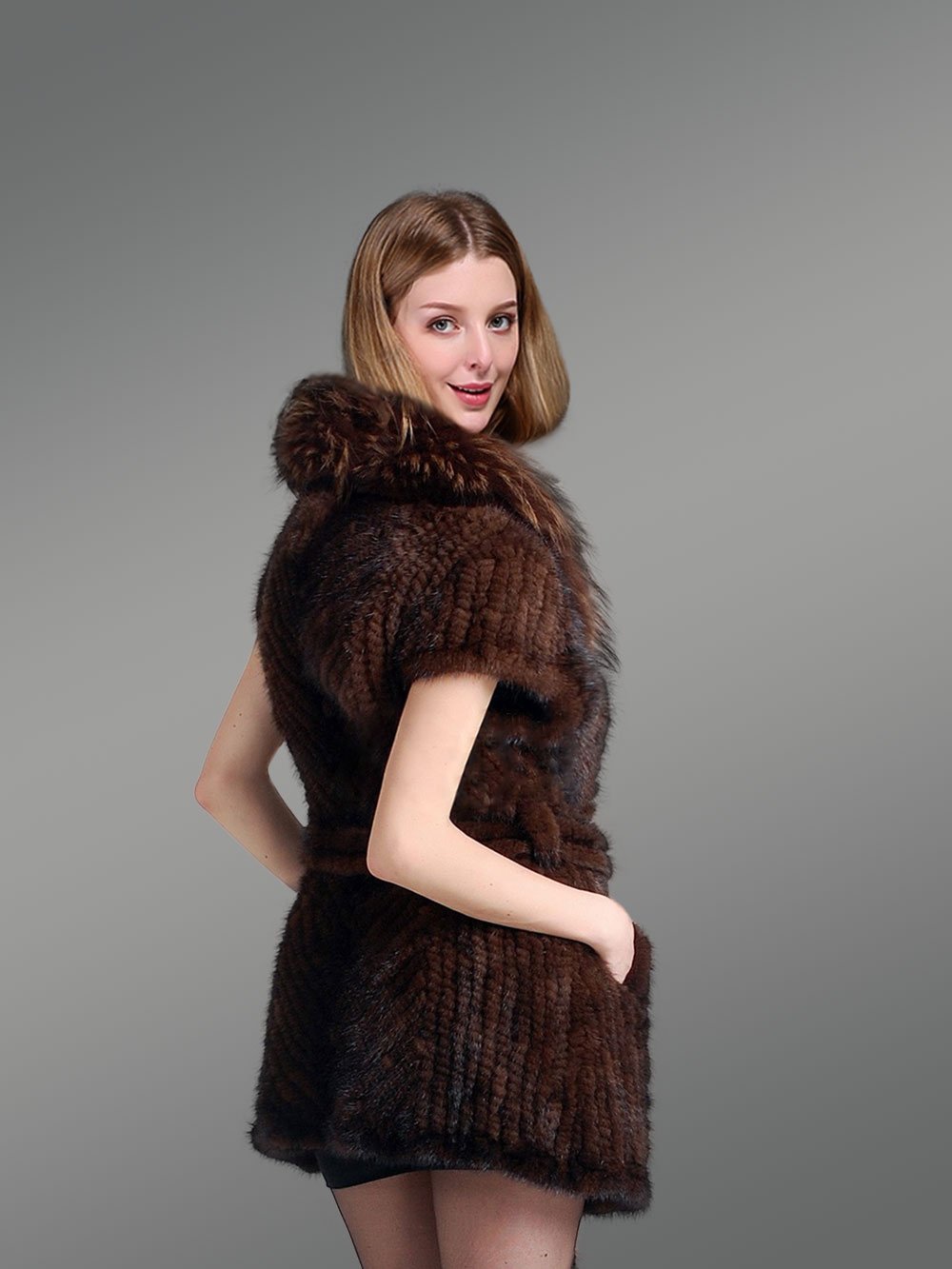 Knitted Jacket of Mink Fur with Raccoon Fur Collar for Elegant Women - Image 6