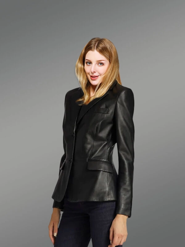Ladies’ Black Leather Blazer for Greater Charm and Appeal - Image 4