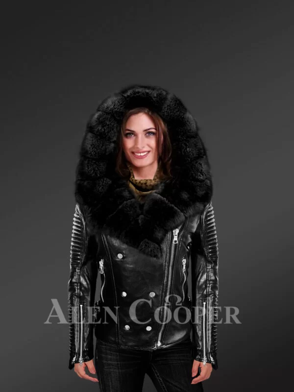 Ladies’ black leather jacket with authentic fur collar