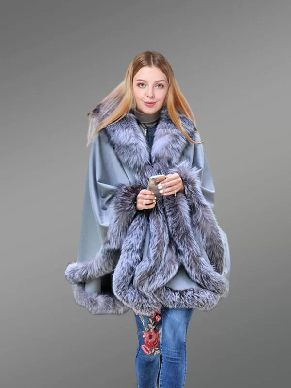 Women’s Real Lambskin Poncho with Silver Fox Fur Trim - Image 2
