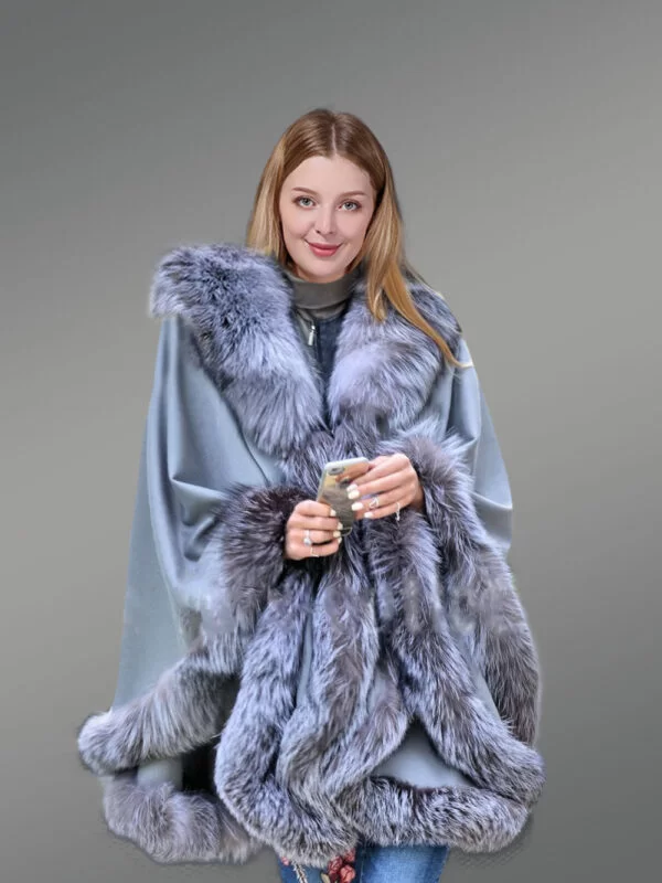 Women’s Real Lambskin Poncho with Silver Fox Fur Trim - Image 3