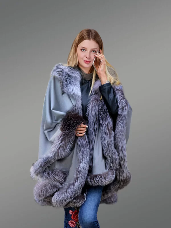 Women’s Real Lambskin Poncho with Silver Fox Fur Trim - Image 7
