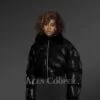 Leather Bomber Jacket With Fox Fur Collar For Women