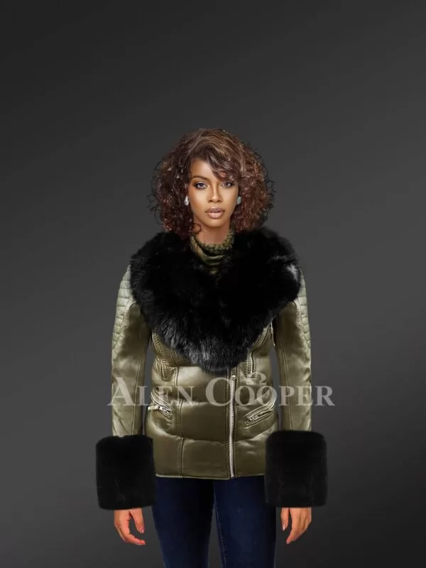 Leather Bomber Jacket with Fox Fur for Stylish Women
