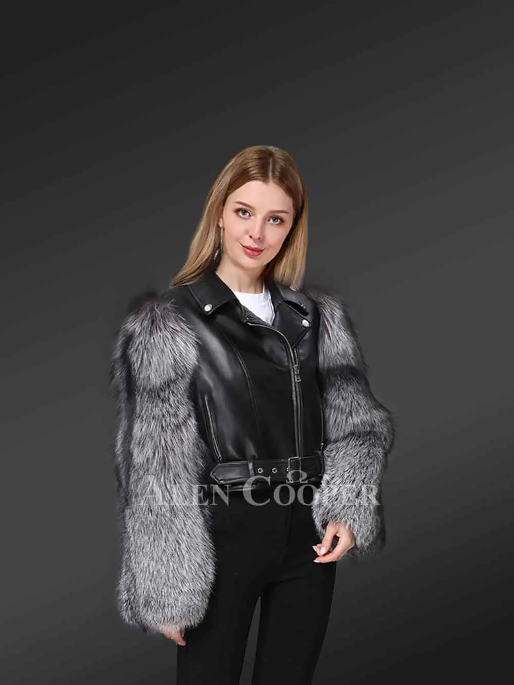 Leather Crop Jacket with Fox Fur Sleeves - Image 2