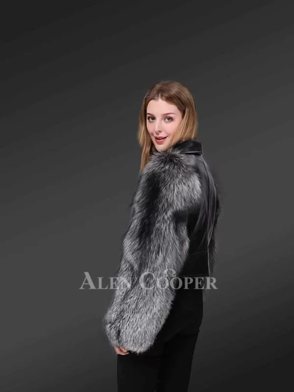 Leather Crop Jacket with Fox Fur Sleeves - Image 3