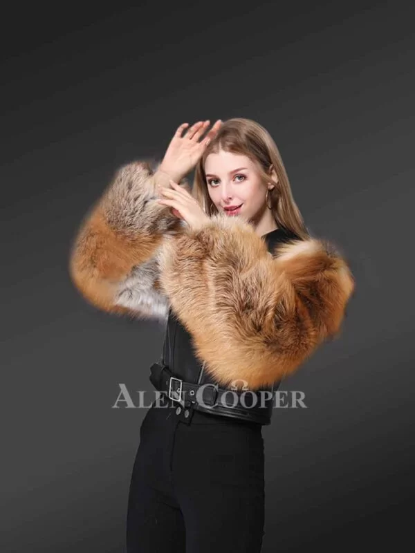 Leather Crop Jacket with Red Fox Fur Sleeves - Image 2