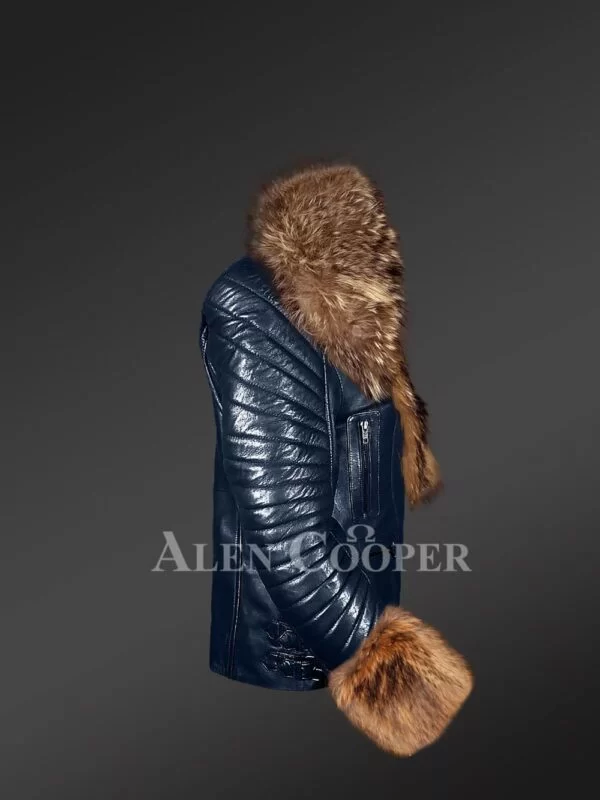 Leather Moto Jacket with Striking Fox Fur Collar and Cuffs - Image 3