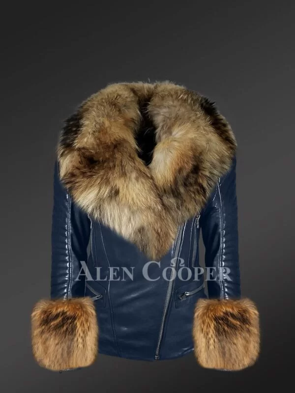 Leather Moto Jacket with Striking Fox Fur Collar and Cuffs - Image 2
