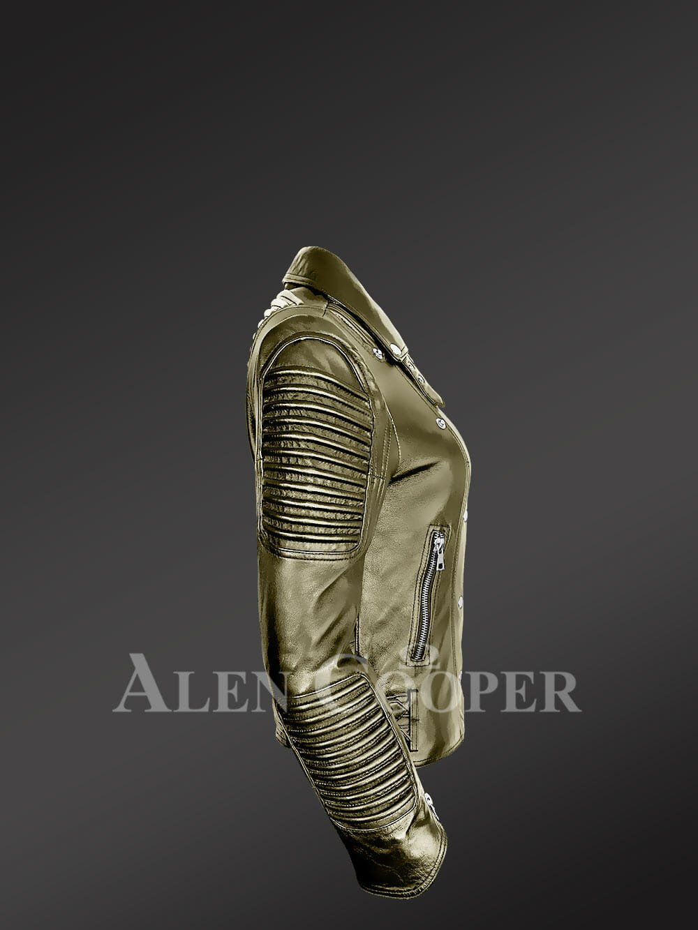 Olive Leather Biker Jacket For Women - Image 4