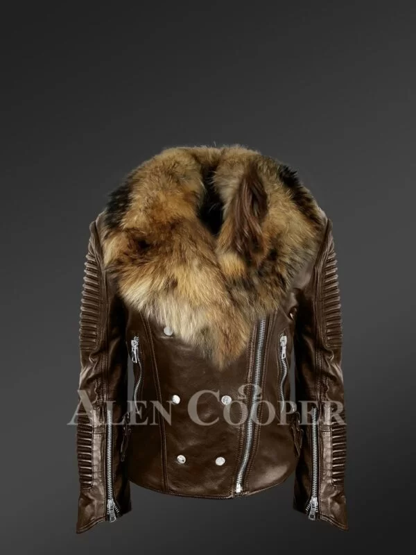 Stylish and Bold Women’s Coffee Moto Jackets with Detachable Finn Raccoon Fur Collar & Hood - Image 4