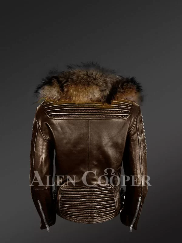 Stylish and Bold Women’s Coffee Moto Jackets with Detachable Finn Raccoon Fur Collar & Hood - Image 8