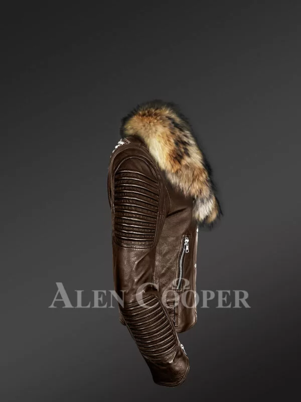 Stylish and Bold Women’s Coffee Moto Jackets with Detachable Finn Raccoon Fur Collar & Hood - Image 6