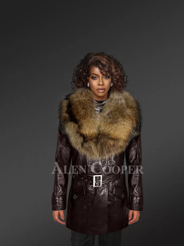 Long-leather-jacket-in-Coffee-for-women-with-detachable-raccoon-fur-collar