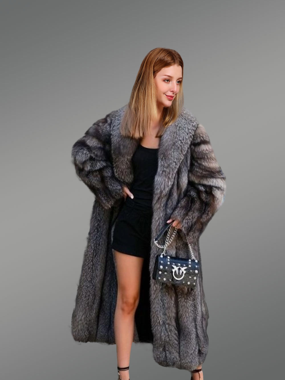 Long silver fox A-line Coat For Women