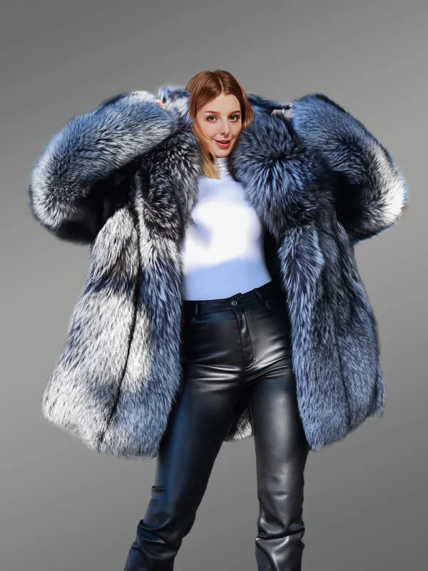 Luxury Silver Fox Fur Jacket for Women Is a Knee-Length Smart Outfit - Image 2