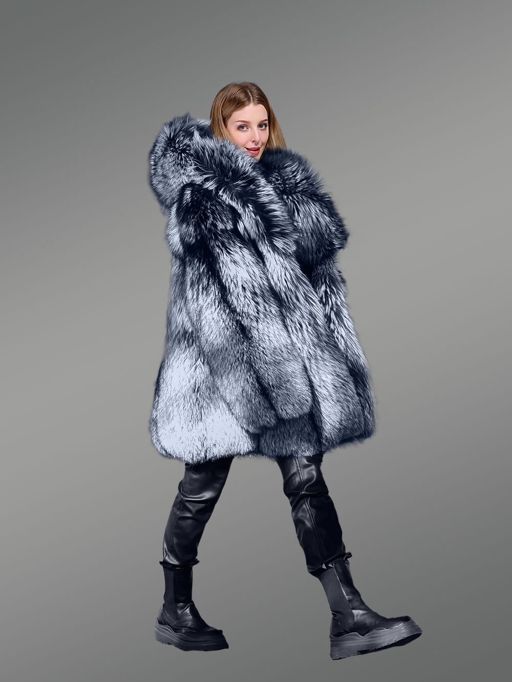 Luxury Silver Fox Fur Jacket for Women Is a Knee-Length Smart Outfit - Image 5