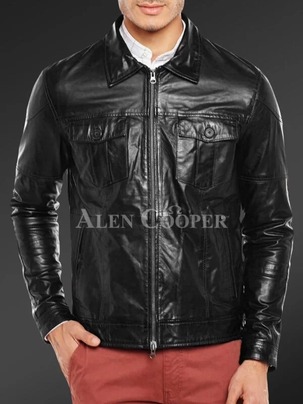 Luxury super shiny real leather jacket for men Black