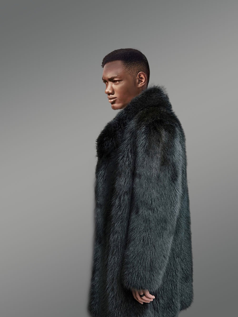 3/4 Length Black Raccoon Fur Coat for Men - Image 5