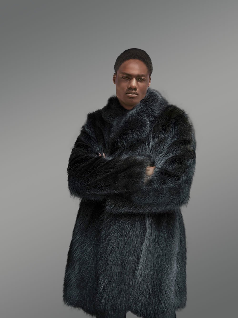 3/4 Length Black Raccoon Fur Coat for Men - Image 3