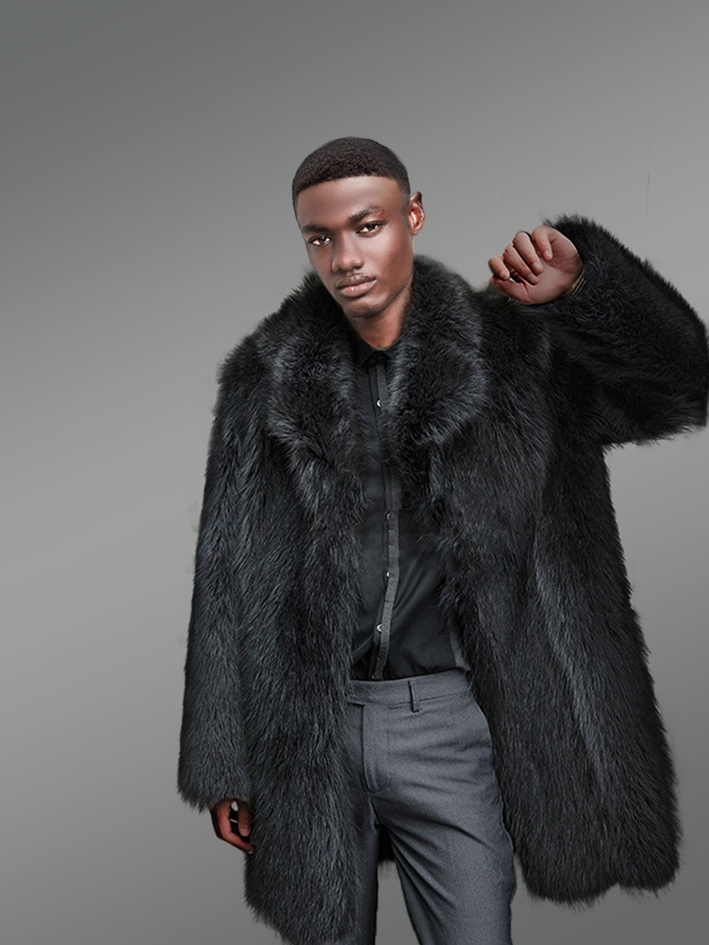 3/4 Length Black Raccoon Fur Coat for Men