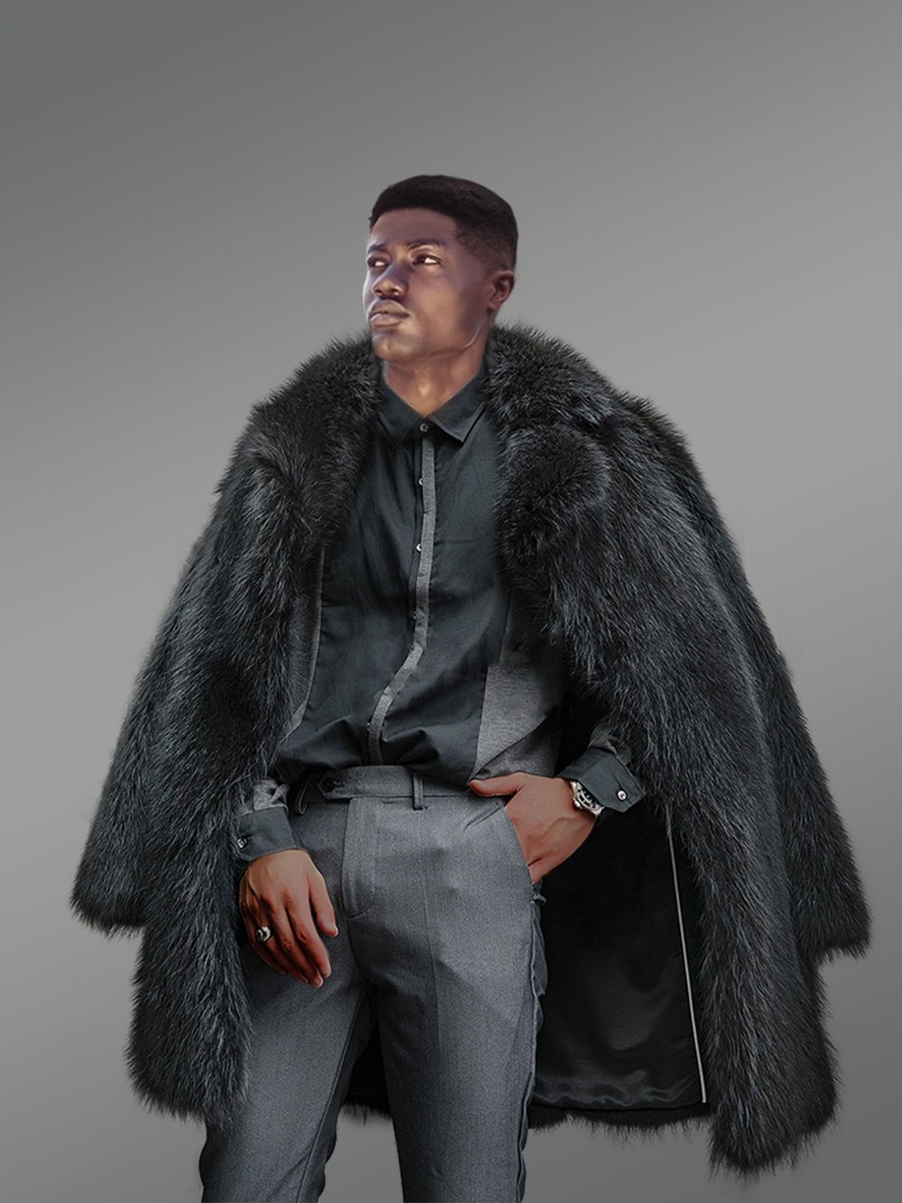 3/4 Length Black Raccoon Fur Coat for Men - Image 4
