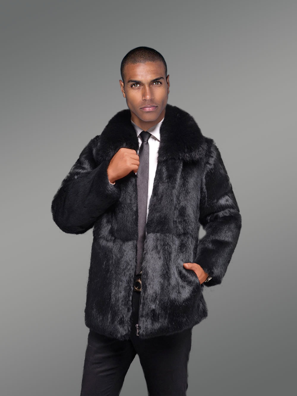 Men’s Rabbit Fur Jacket with Fox Fur Collar in Black