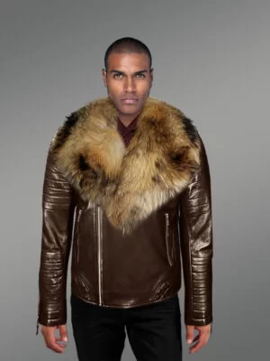 Biker leather jacket with fur collar for Men