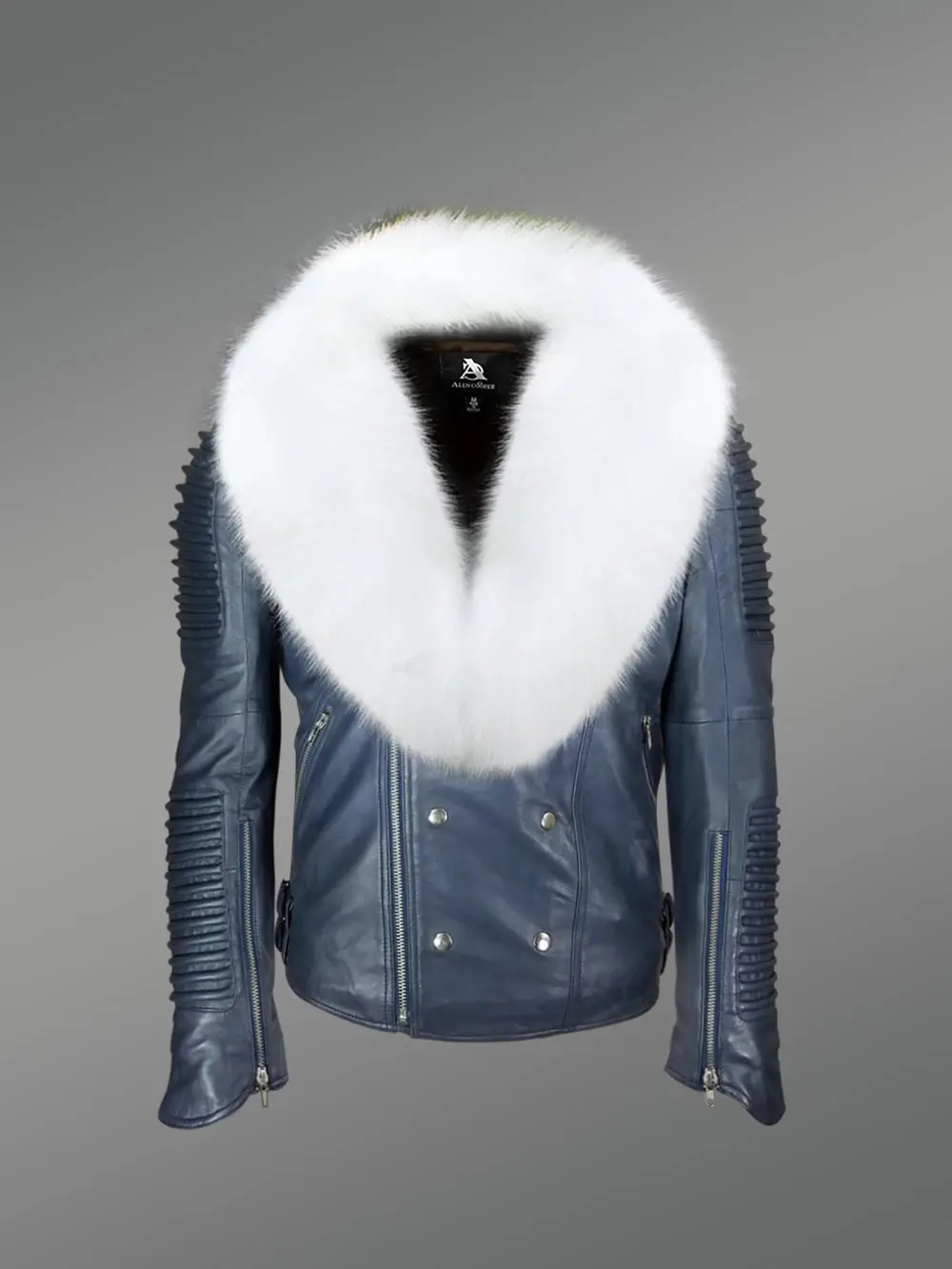 Men’s Iconic Sheepskin Super Warm Navy Biker Jacket with Snow White Wide Fox Fur Collar