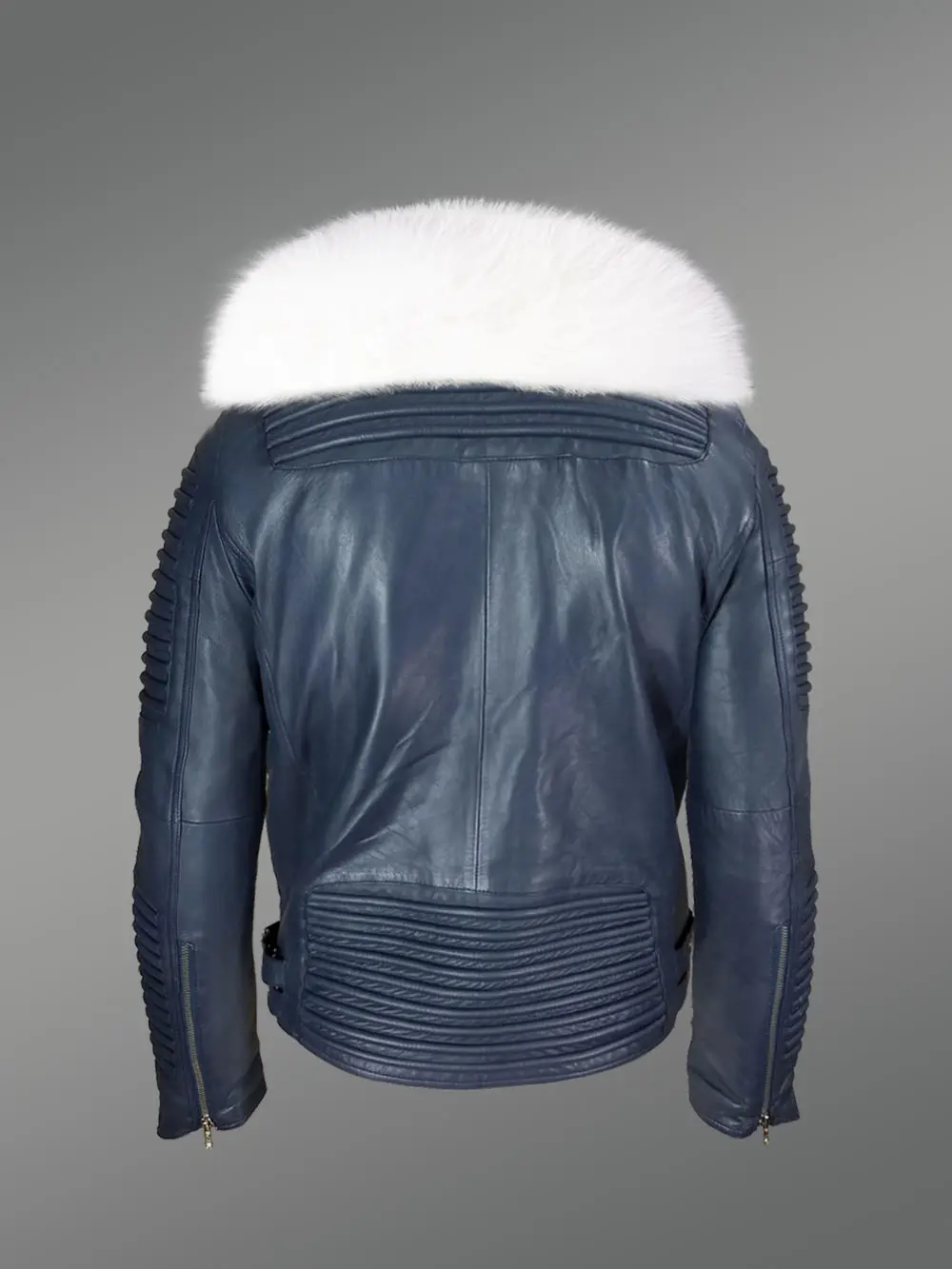 Men’s Iconic Sheepskin Super Warm Navy Biker Jacket with Snow White Wide Fox Fur Collar - Image 3
