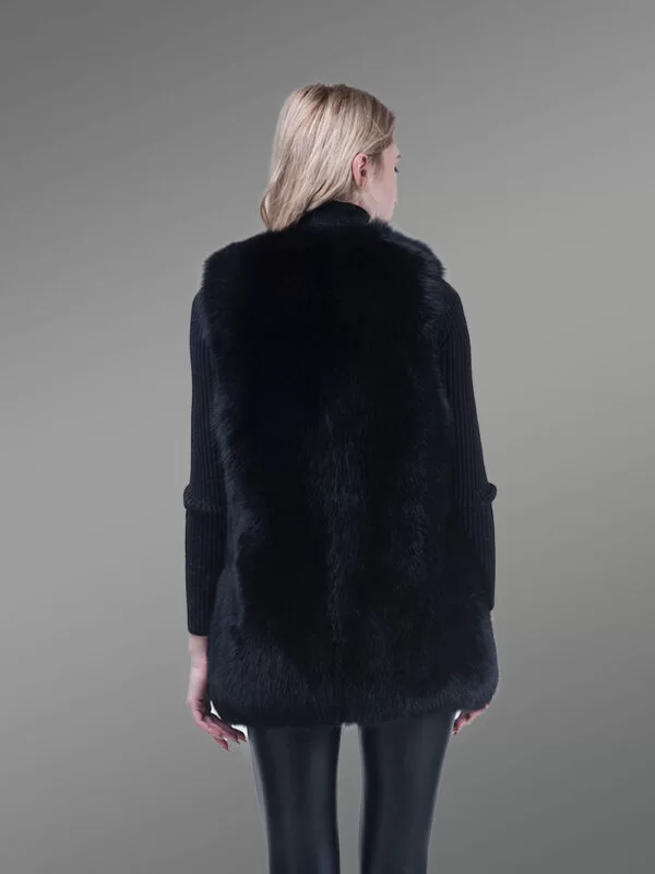 Women’s Mid-Length Genuine Fox Fur Winter Vest in Coal Black - Image 5