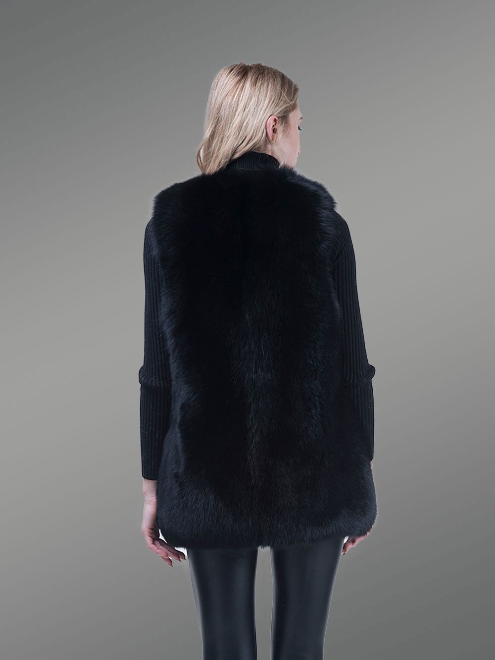 Women’s Mid-Length Genuine Fox Fur Winter Vest in Coal Black - Image 5