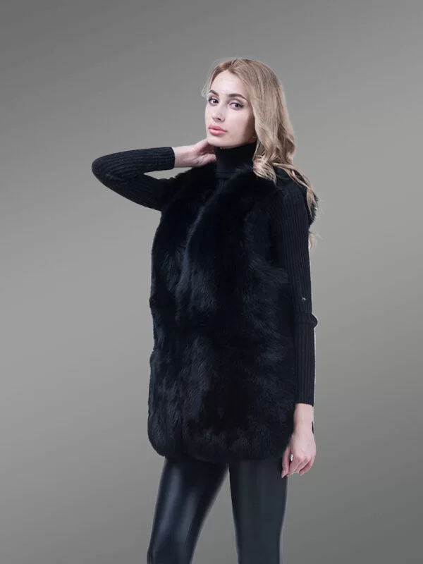 Women’s Mid-Length Genuine Fox Fur Winter Vest in Coal Black - Image 6