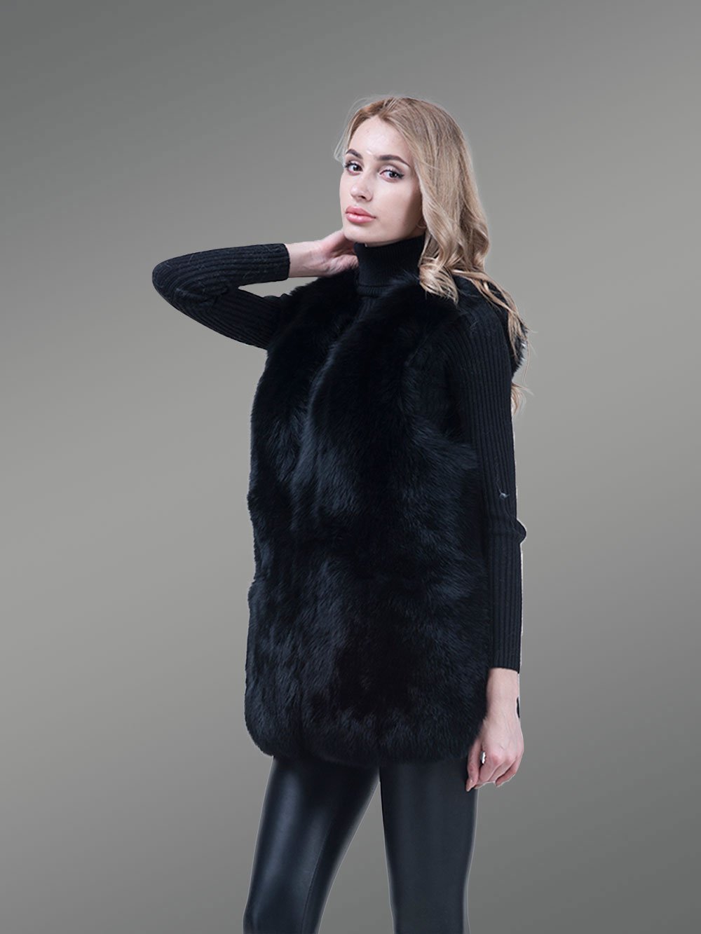Women’s Mid-Length Genuine Fox Fur Winter Vest in Coal Black - Image 6