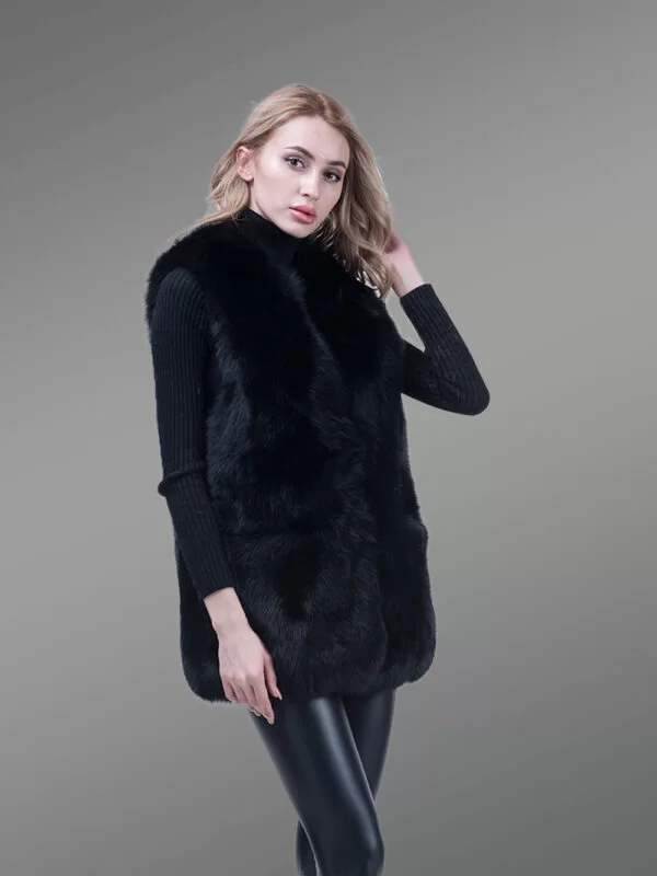 Women’s Mid-Length Genuine Fox Fur Winter Vest in Coal Black - Image 4