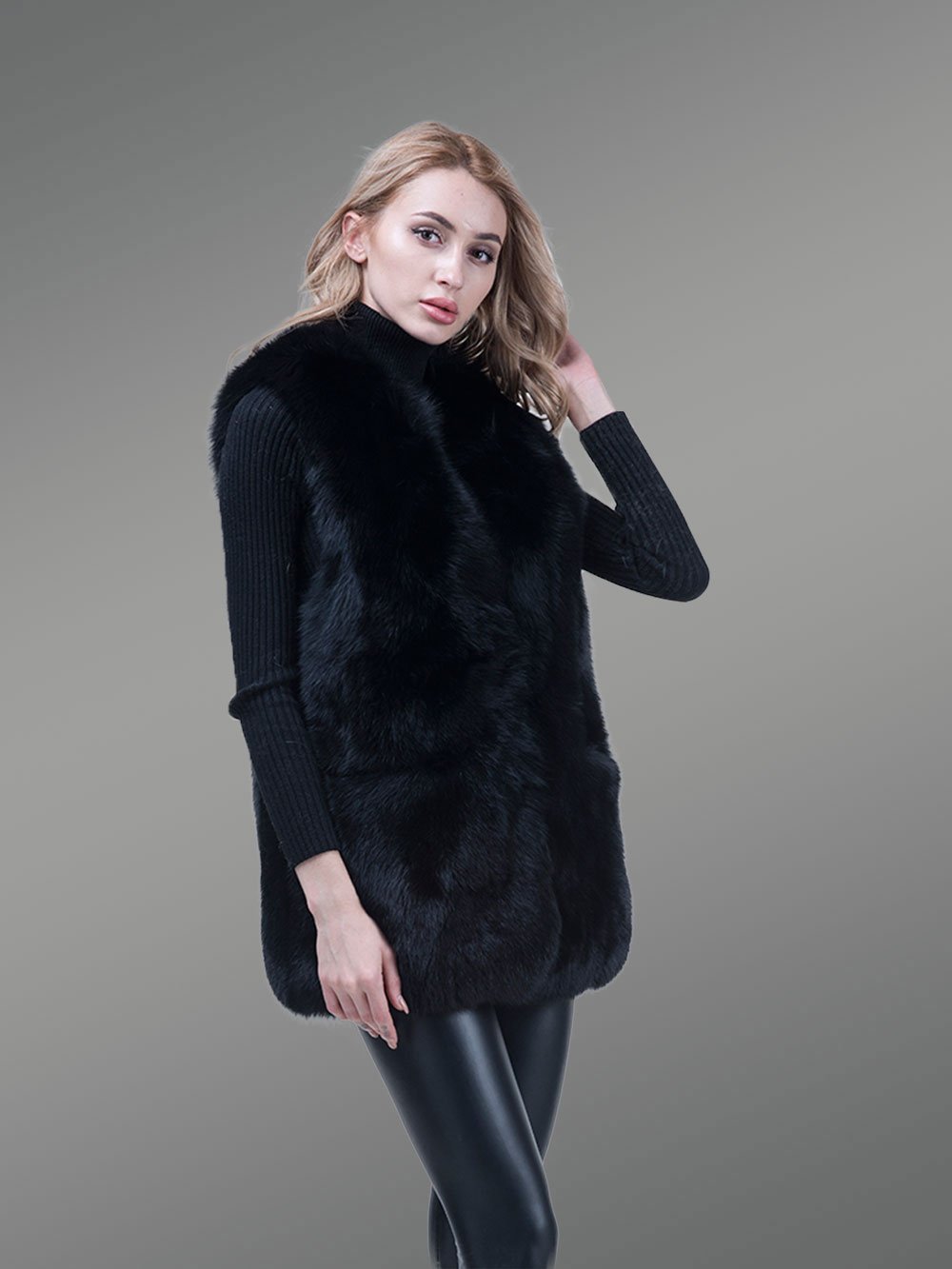 Women’s Mid-Length Genuine Fox Fur Winter Vest in Coal Black - Image 4