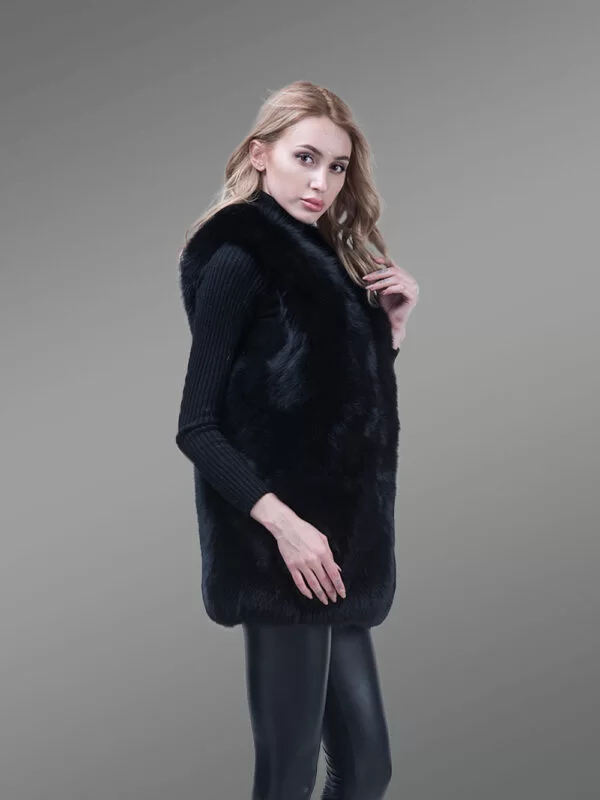 Women’s Mid-Length Genuine Fox Fur Winter Vest in Coal Black - Image 3