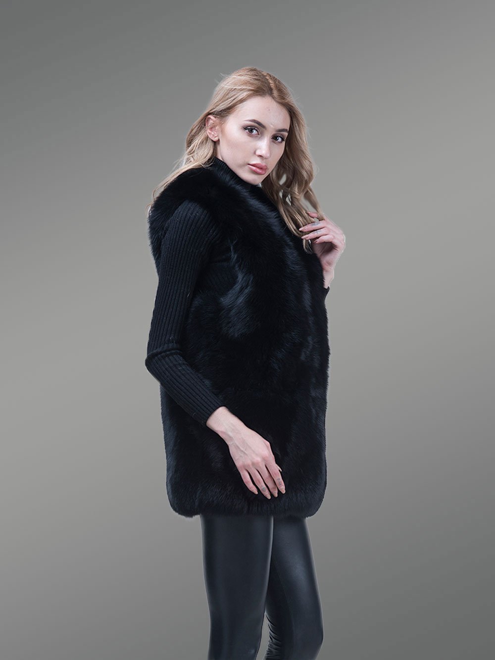 Women’s Mid-Length Genuine Fox Fur Winter Vest in Coal Black - Image 3