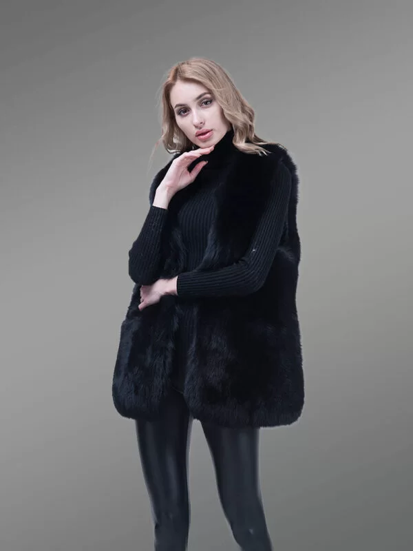 Women’s Mid-Length Genuine Fox Fur Winter Vest in Coal Black - Image 2