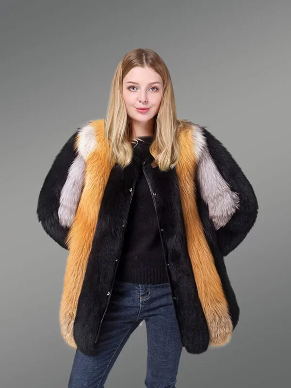 Mid-length straight real fox fur warm winter coat