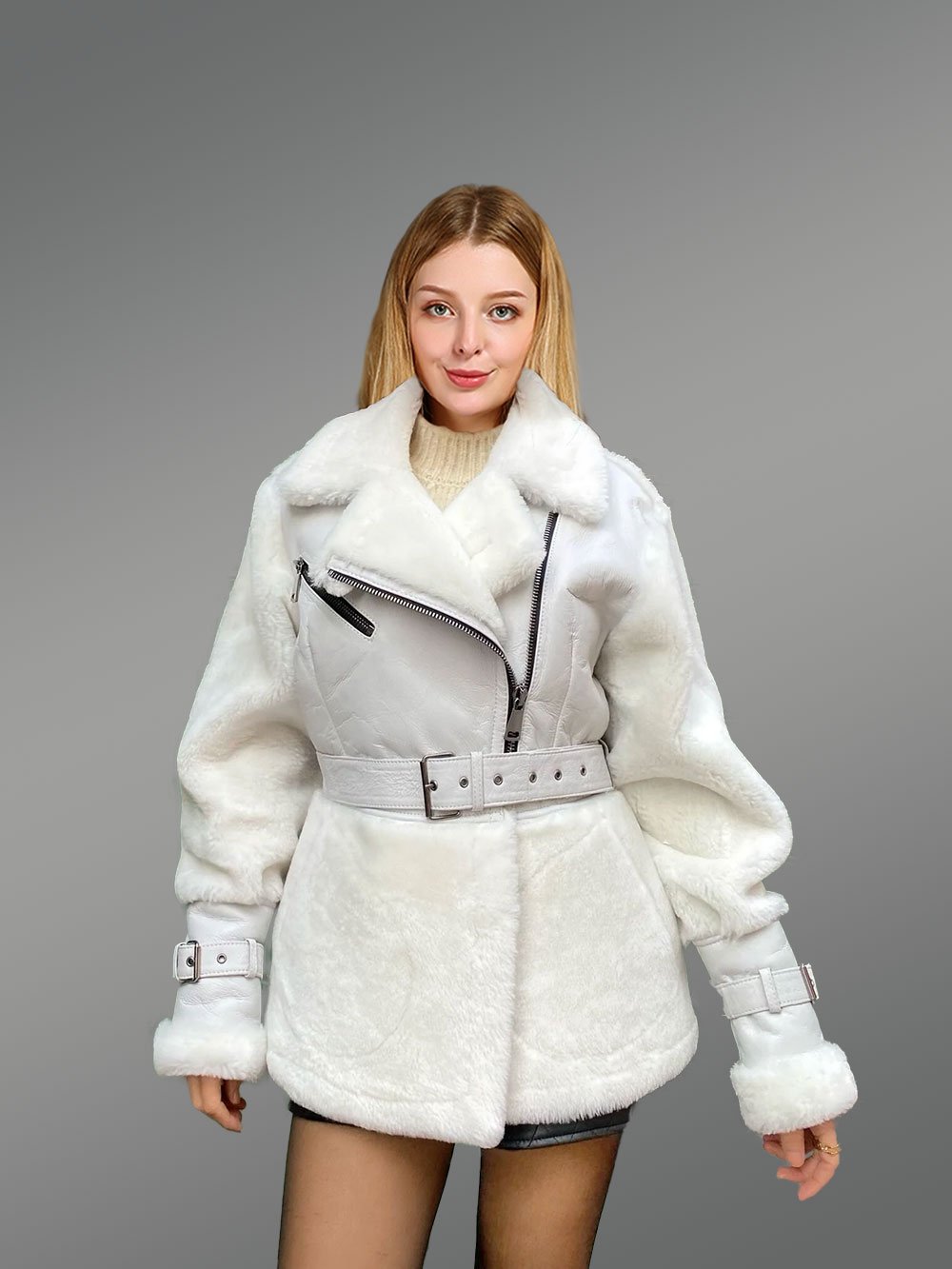 Sheepskin Military Jacket in White for Women - Image 3