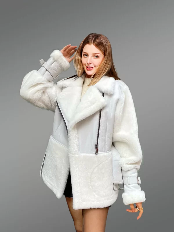 Sheepskin Military Jacket in White for Women - Image 4