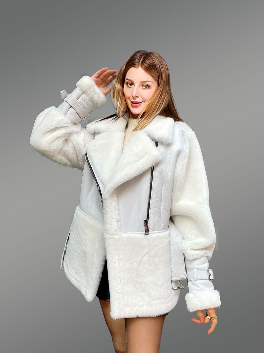Sheepskin Military Jacket in White for Women - Image 4