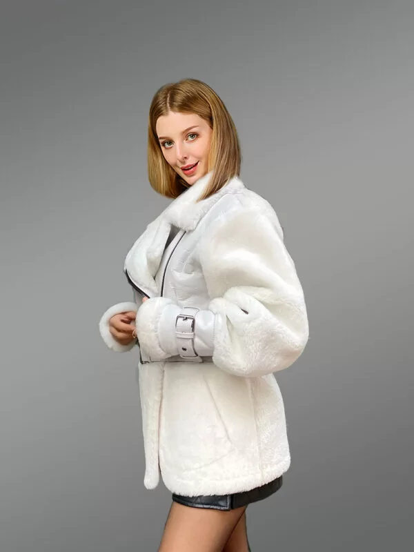 Sheepskin Military Jacket in White for Women - Image 8