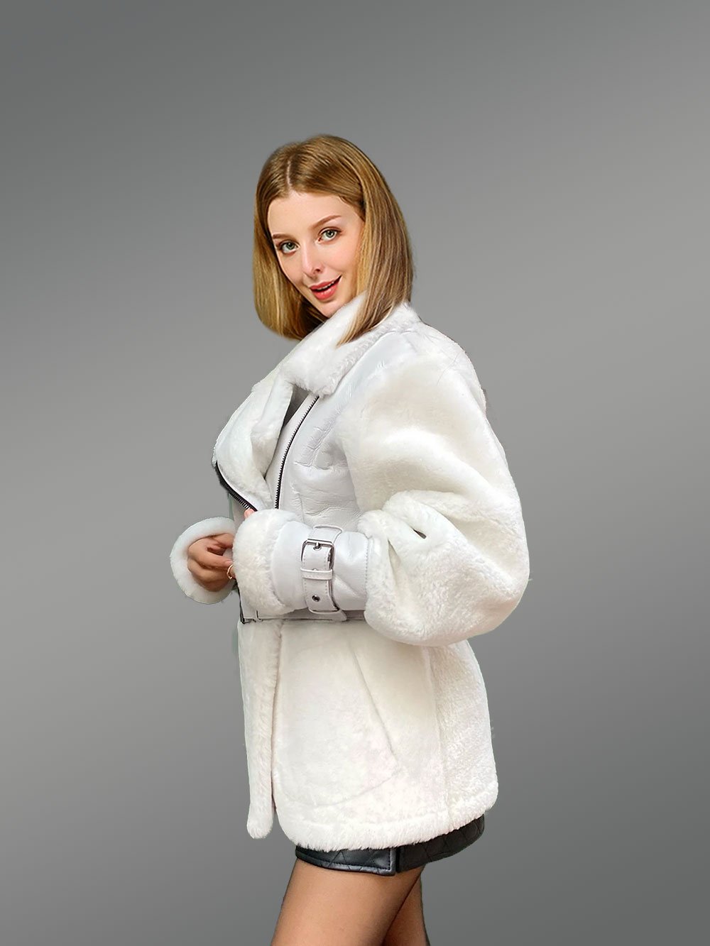 Sheepskin Military Jacket in White for Women - Image 8