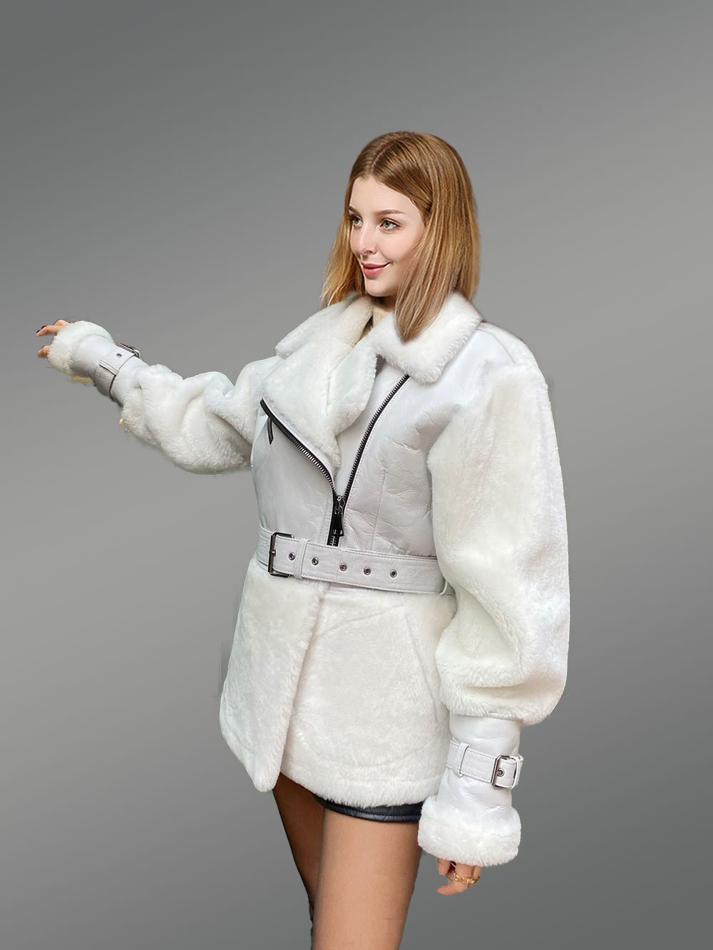 Sheepskin Military Jacket in White for Women - Image 6