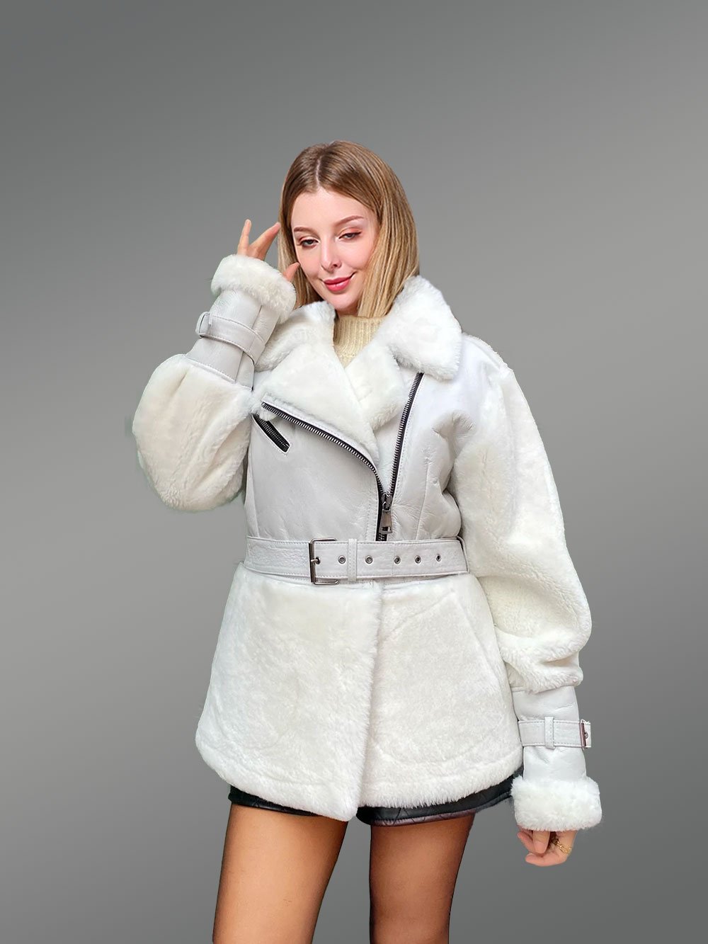 Sheepskin Military Jacket in White for Women - Image 7