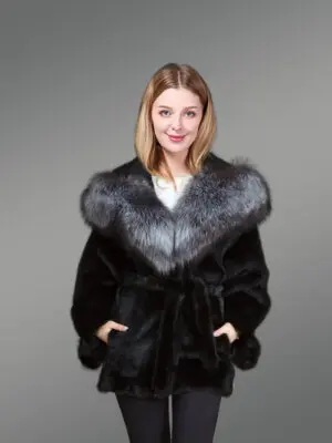 Mink Fur Coat With Silver Fox Fur Hood And Lapels